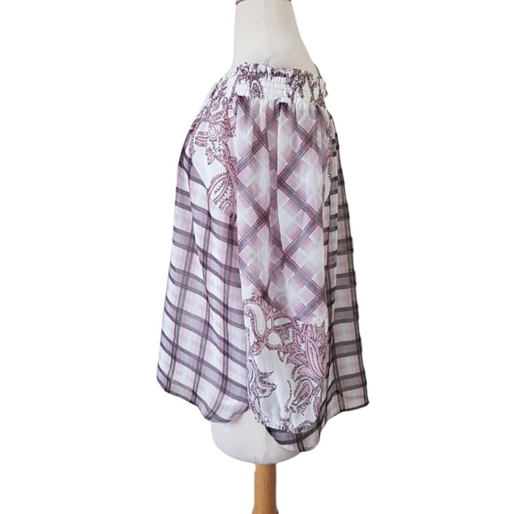 NWT Ann Taylor Loft Smocked Paisley Gingham Plaid Chiffon Off Shoulder Blouse XS - Picture 3 of 10